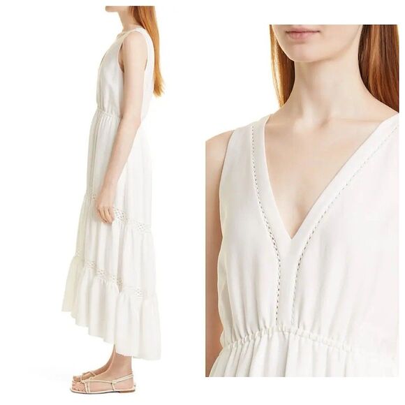 KOBI HALPERIN Claudette Tiered Maxi Dress Women Sz M White Hmmered Sleeveless - Picture 2 of 15